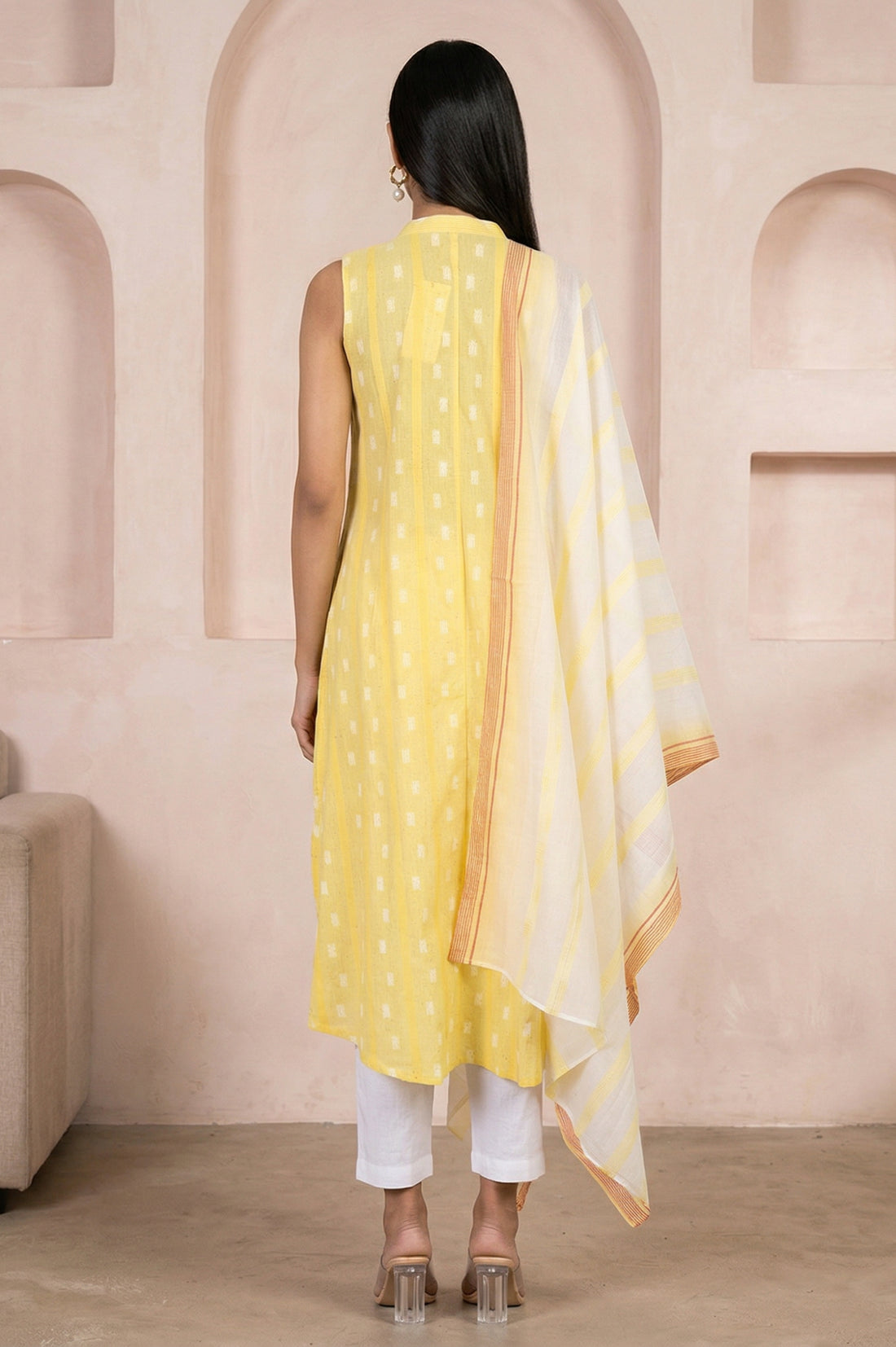 Yellow Textured Cotton Sleeveless Straight Kurta with Palazzos and Striped Dupatta Set