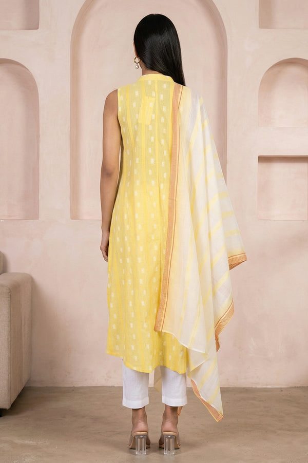 Yellow Textured Cotton Sleeveless Straight Kurta with Palazzos and Striped Dupatta Set