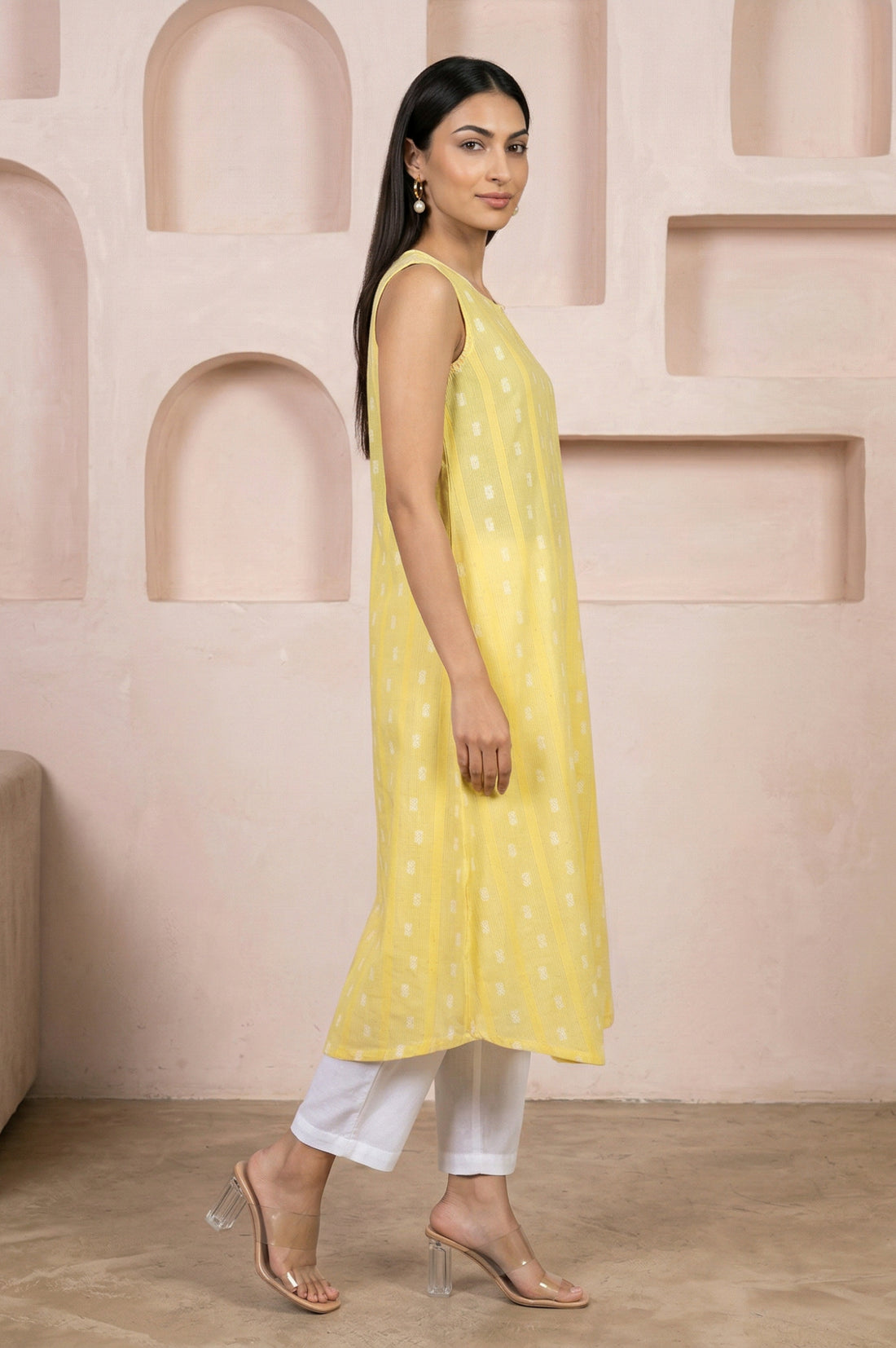 Yellow Textured Cotton Sleeveless Straight Kurta with Palazzos and Striped Dupatta Set