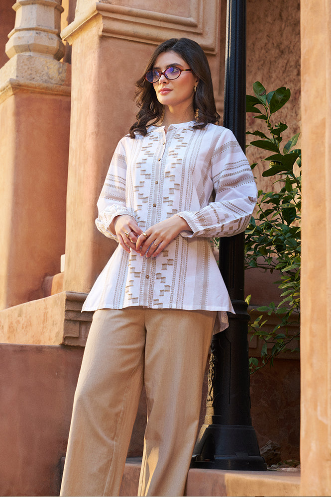White Self-design Pure Cotton Straight Tunic and Palazzo Set - S