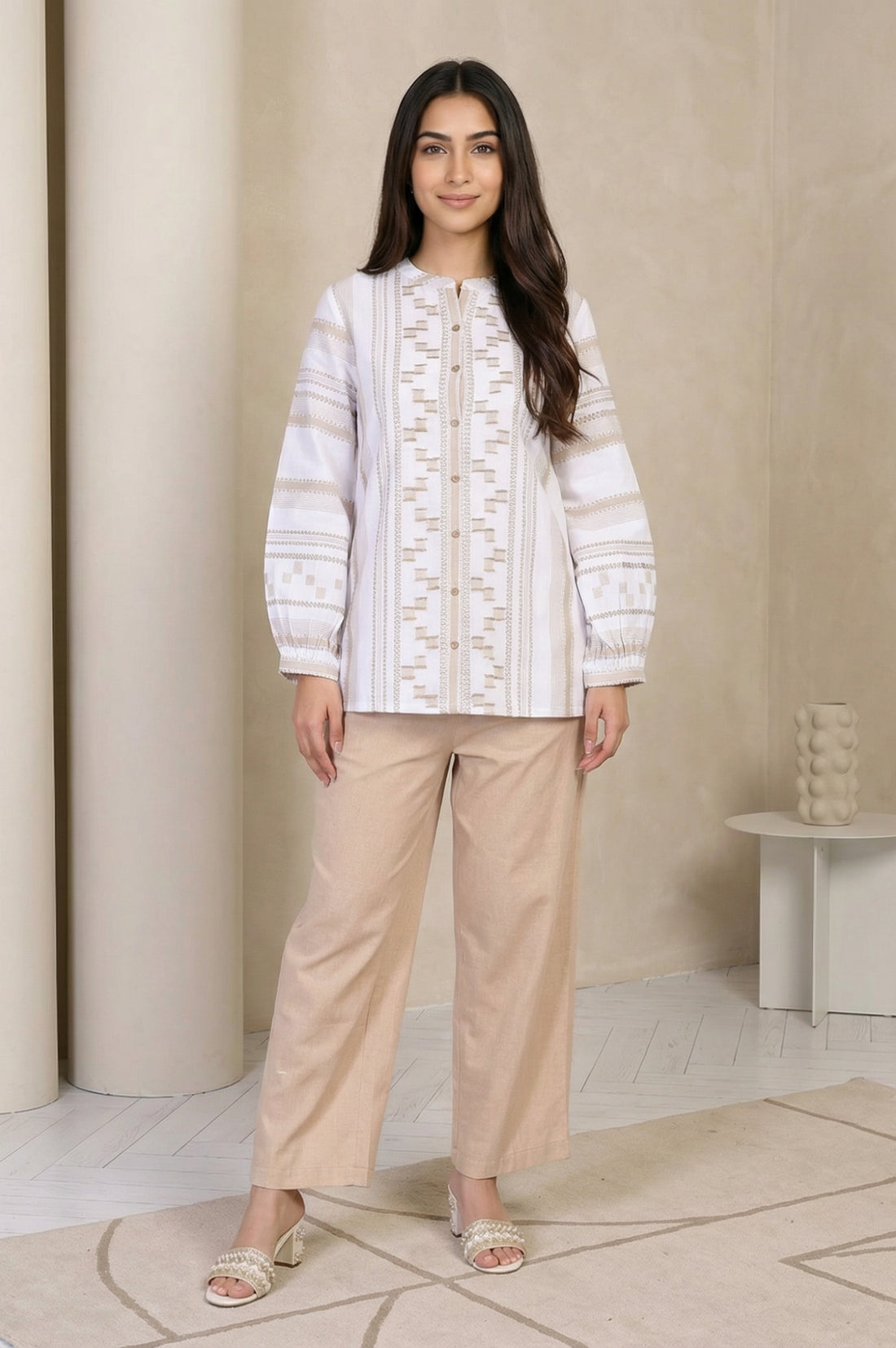 White Self-design Pure Cotton Straight Tunic and Palazzo Set