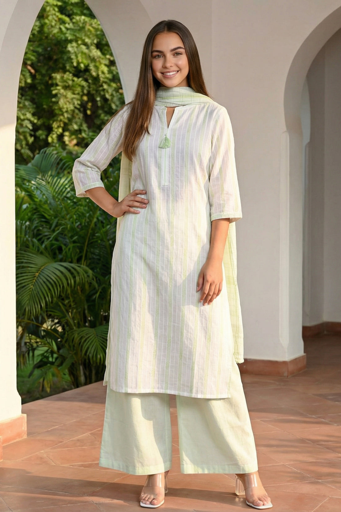 White Striped Tassels Pure Cotton Straight Kurta with Palazzo and Dupatta Set