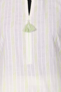 White Striped Tassels Pure Cotton Straight Kurta with Palazzo and Dupatta Set