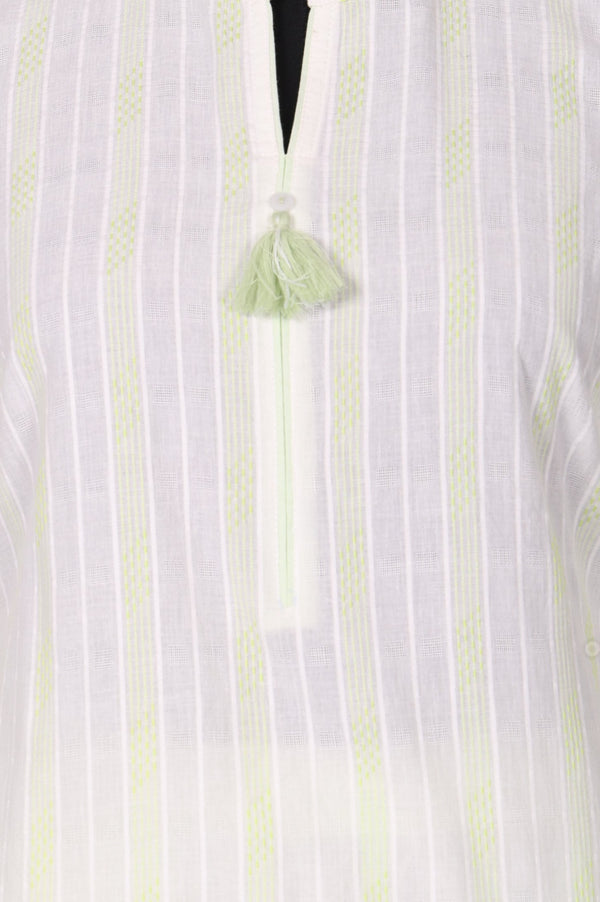 White Striped Tassels Pure Cotton Straight Kurta with Palazzo and Dupatta Set