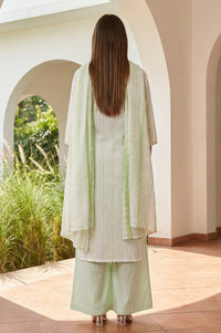 White Striped Tassels Pure Cotton Straight Kurta with Palazzo and Dupatta Set
