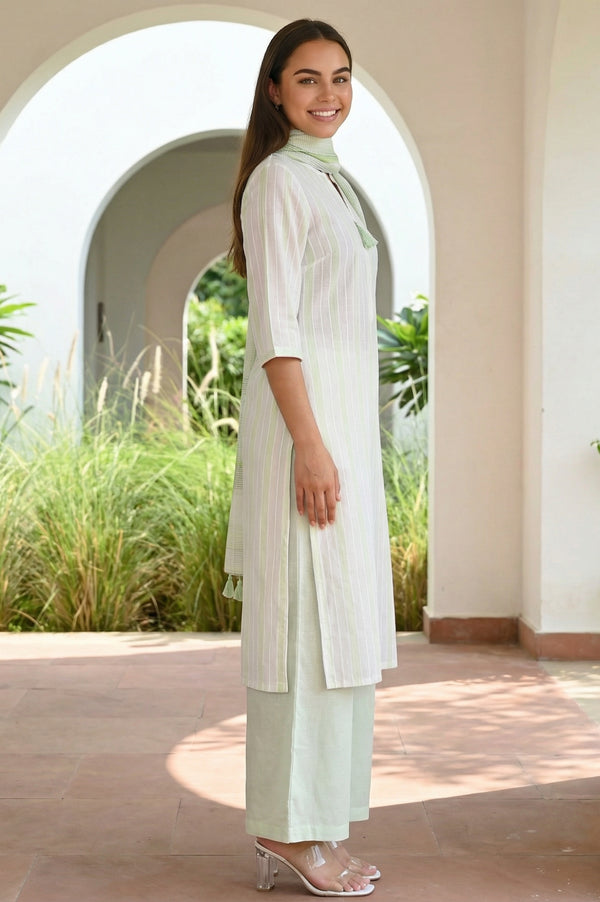 White Striped Tassels Pure Cotton Straight Kurta with Palazzo and Dupatta Set
