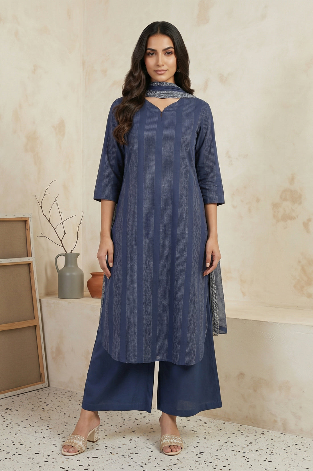Blue Striped Cotton Blend Straight Kurta with Cullotes and Stole Set