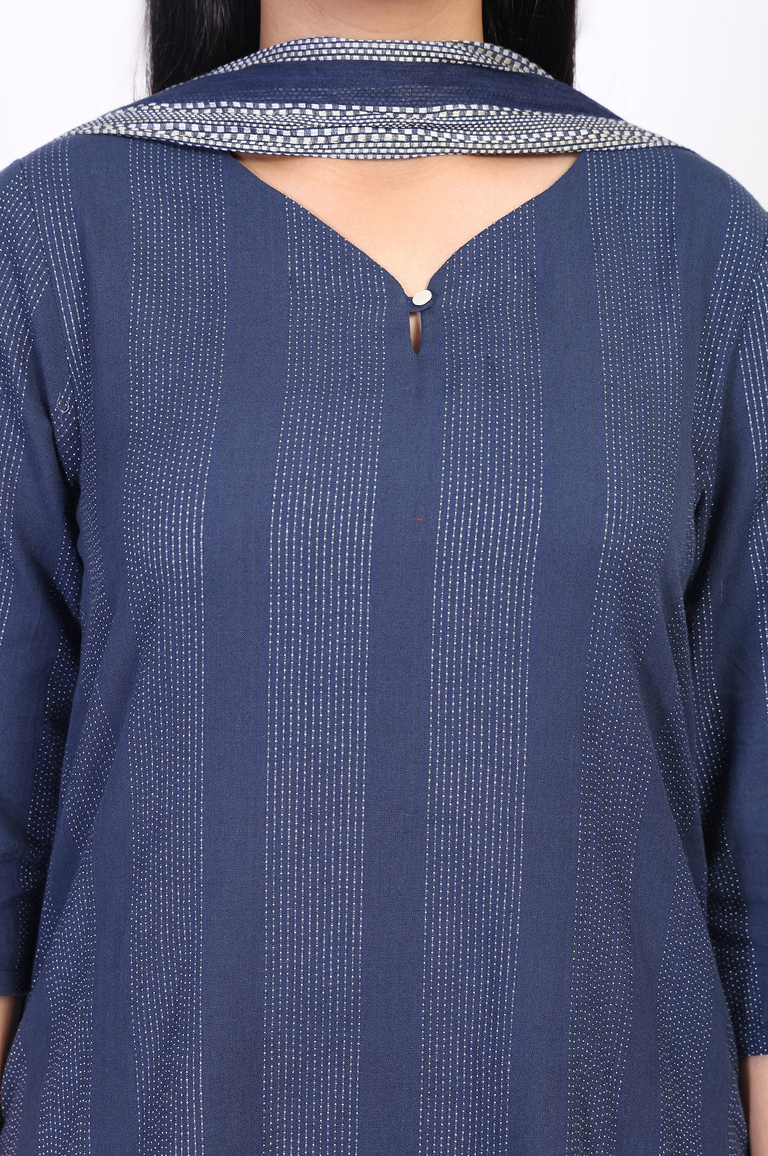 Blue Striped Cotton Blend Straight Kurta with Cullotes and Stole Set
