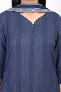 Blue Striped Cotton Blend Straight Kurta with Cullotes and Stole Set