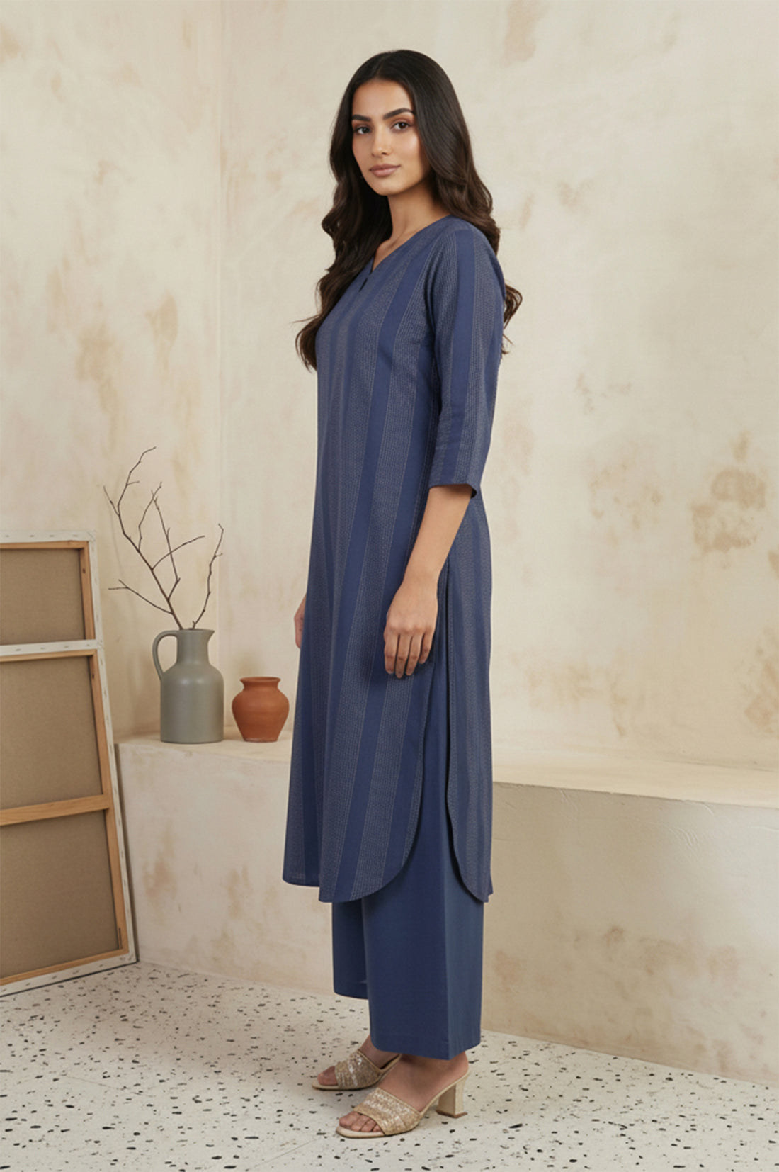 Blue Striped Cotton Blend Straight Kurta with Cullotes and Stole Set