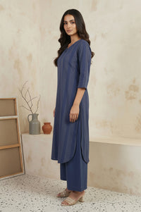 Blue Striped Cotton Blend Straight Kurta with Cullotes and Stole Set