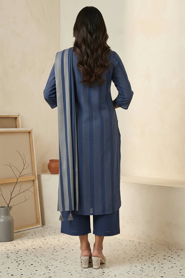 Blue Striped Cotton Blend Straight Kurta with Cullotes and Stole Set