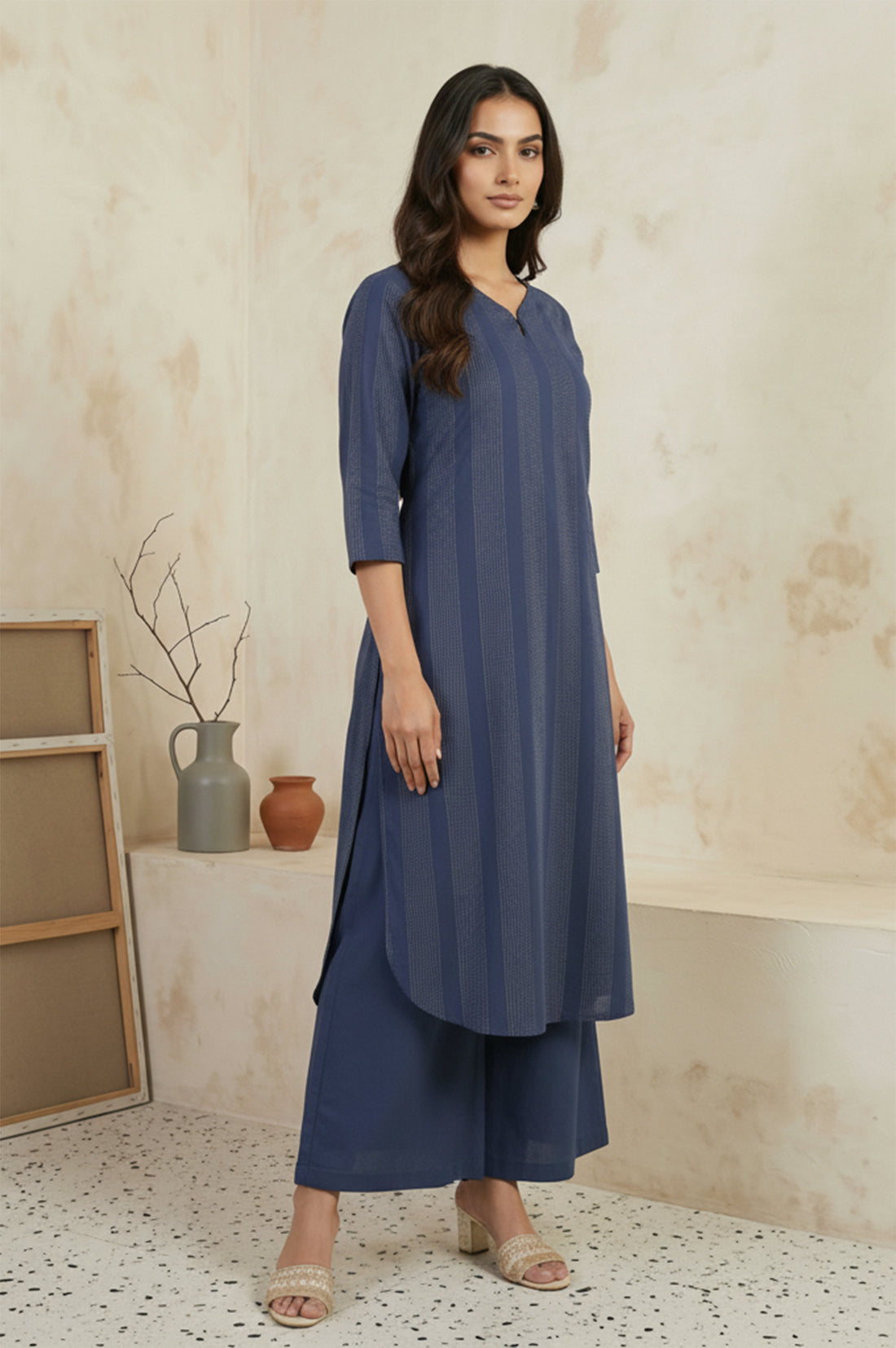 Blue Striped Cotton Blend Straight Kurta with Cullotes and Stole Set