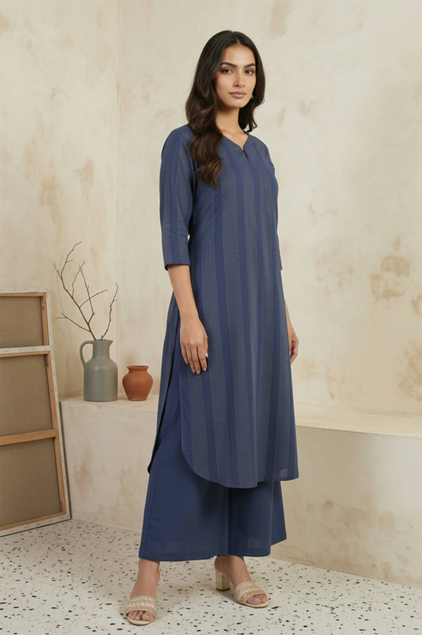 Blue Striped Cotton Blend Straight Kurta with Cullotes and Stole Set