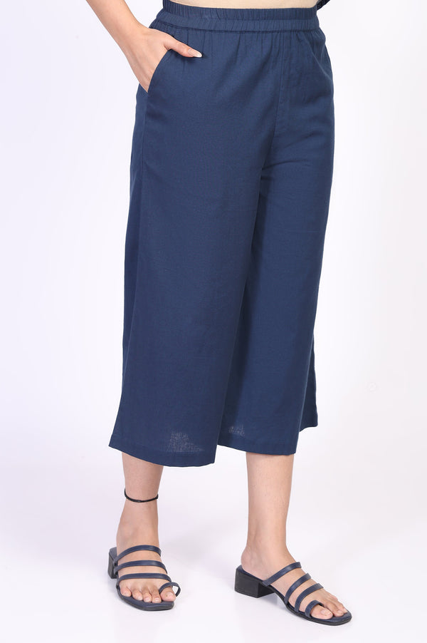 Blue Striped Cotton Blend Straight Kurta with Cullotes and Stole Set