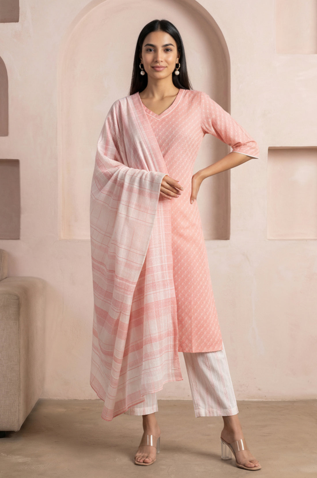 Peach Yarn Dyed Pure Cotton Straight Kurta with Palazzo and Dupatta Set