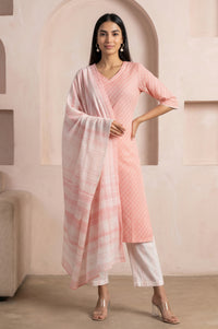 Peach Yarn Dyed Pure Cotton Straight Kurta with Palazzo and Dupatta Set
