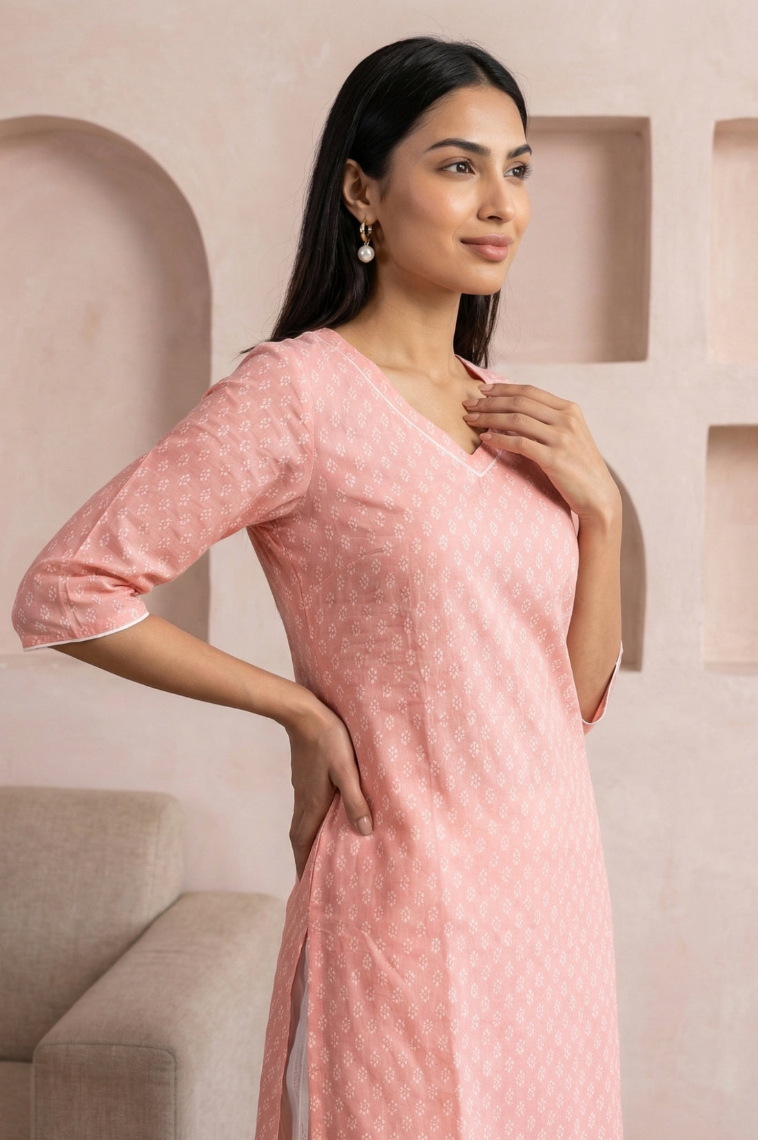 Peach Yarn Dyed Pure Cotton Straight Kurta with Palazzo and Dupatta Set