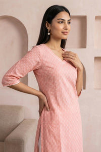 Peach Yarn Dyed Pure Cotton Straight Kurta with Palazzo and Dupatta Set