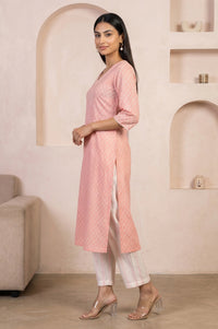 Peach Yarn Dyed Pure Cotton Straight Kurta with Palazzo and Dupatta Set