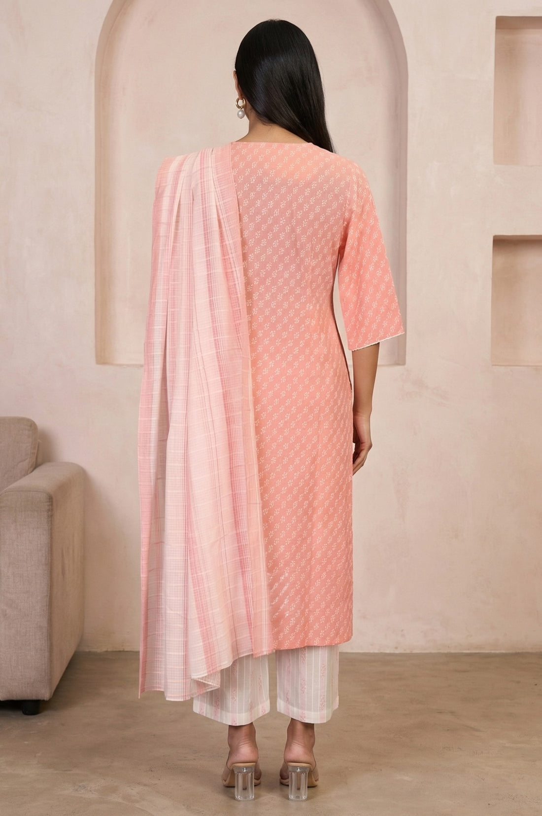 Peach Yarn Dyed Pure Cotton Straight Kurta with Palazzo and Dupatta Set