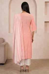 Peach Yarn Dyed Pure Cotton Straight Kurta with Palazzo and Dupatta Set