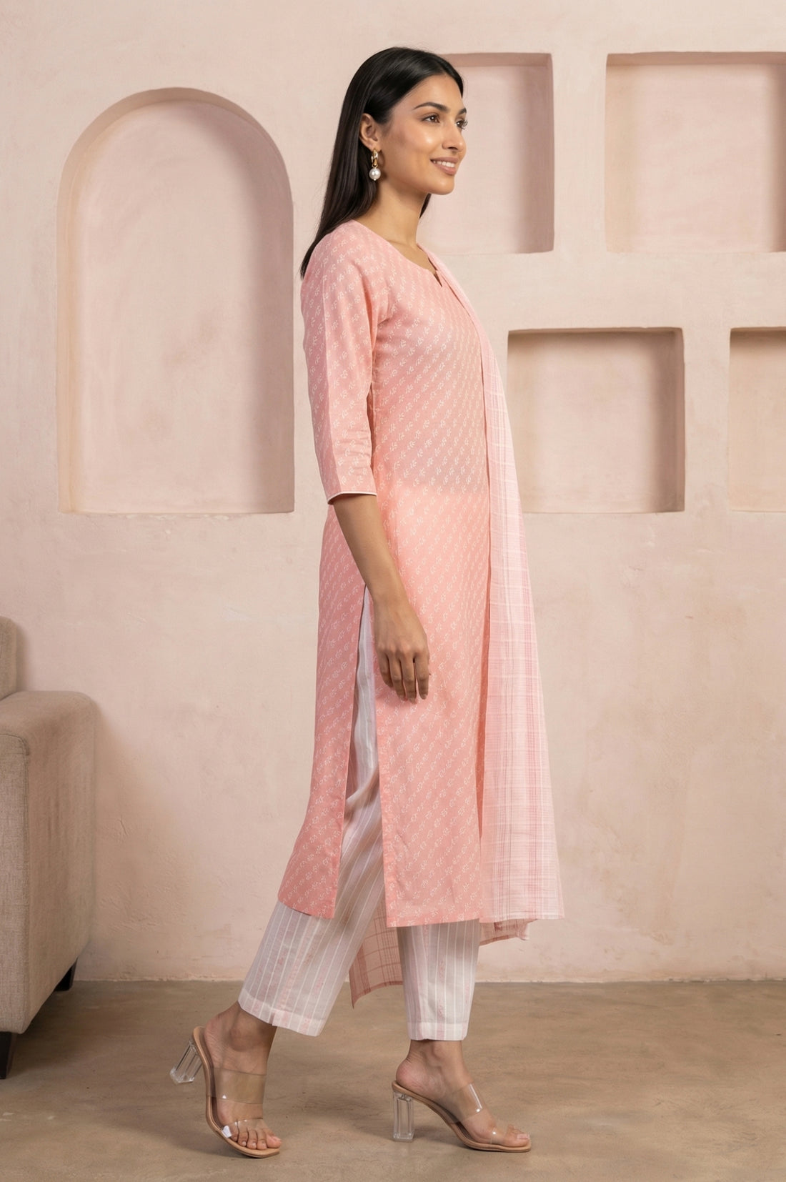 Peach Yarn Dyed Pure Cotton Straight Kurta with Palazzo and Dupatta Set