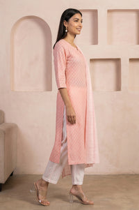 Peach Yarn Dyed Pure Cotton Straight Kurta with Palazzo and Dupatta Set