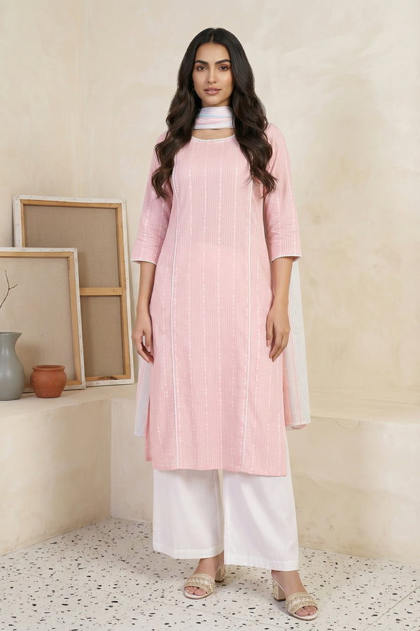 Pink Striped Cotton Blend Straight Kurta with Palazzo and Dupatta Set