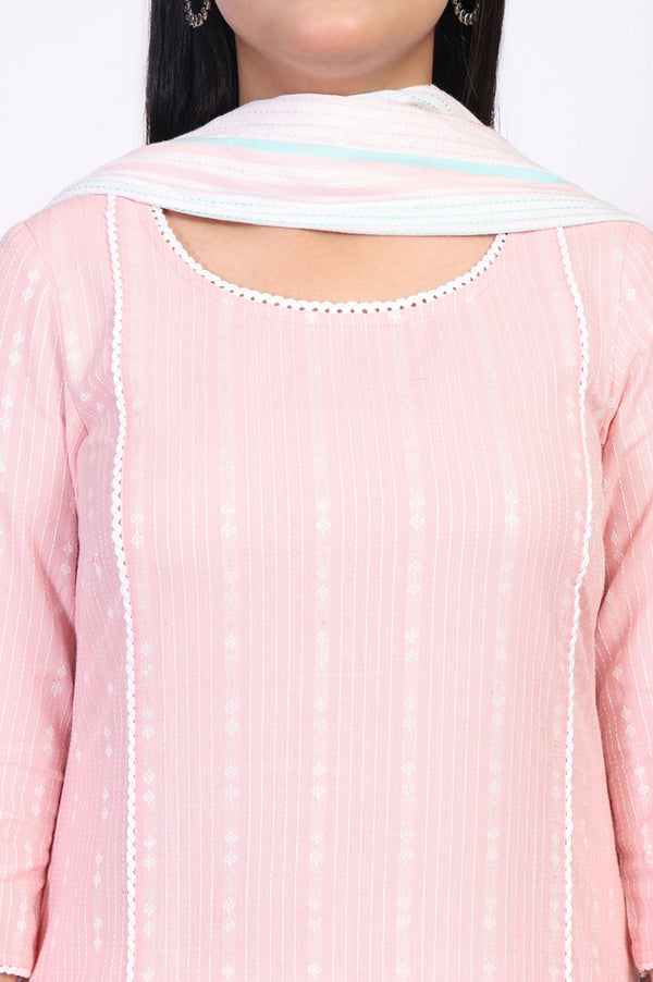 Pink Striped Cotton Blend Straight Kurta with Palazzo and Dupatta Set