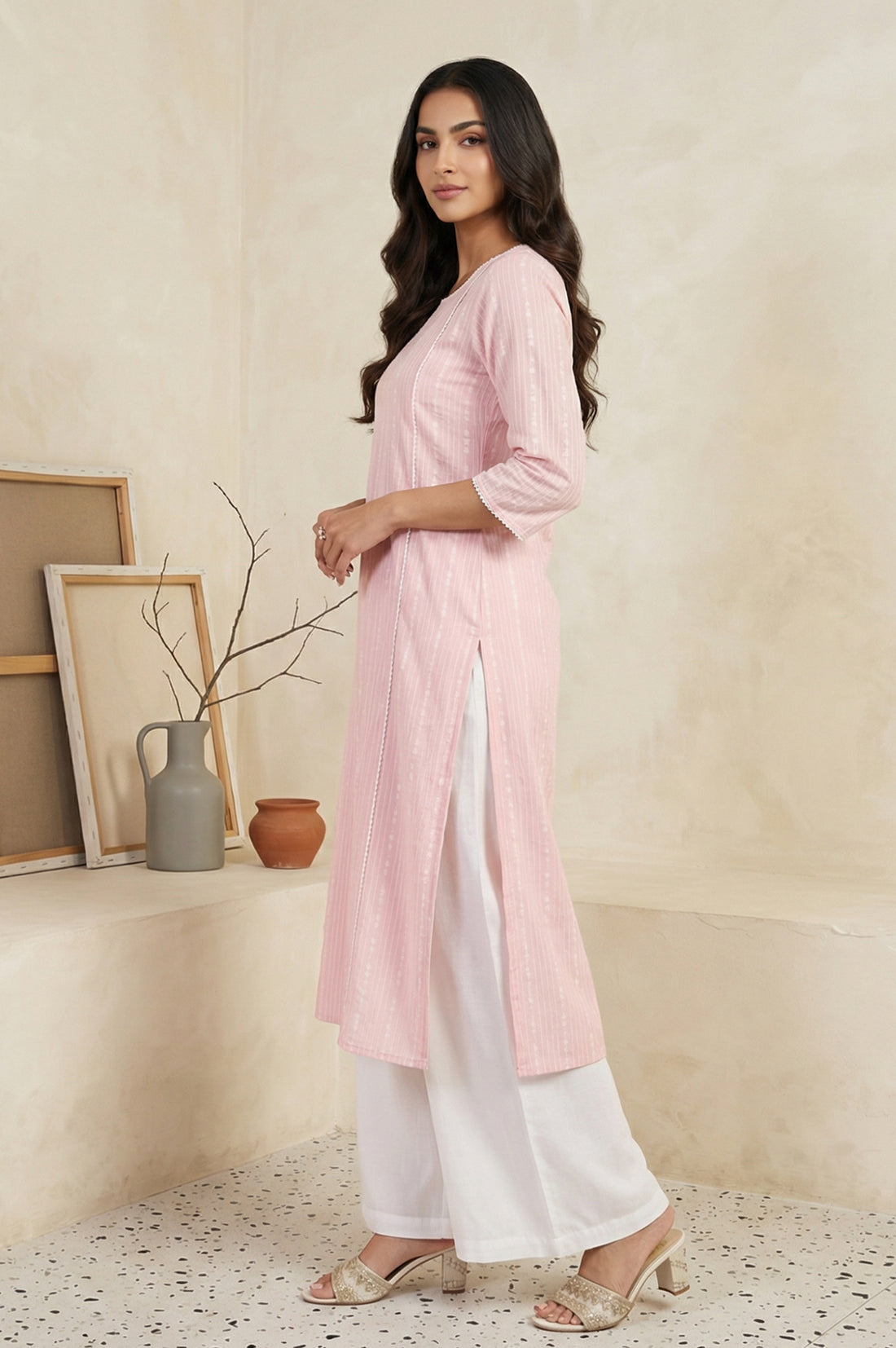 Pink Striped Cotton Blend Straight Kurta with Palazzo and Dupatta Set