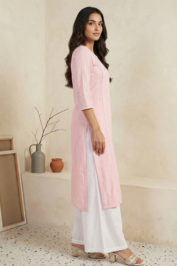 Pink Striped Cotton Blend Straight Kurta with Palazzo and Dupatta Set
