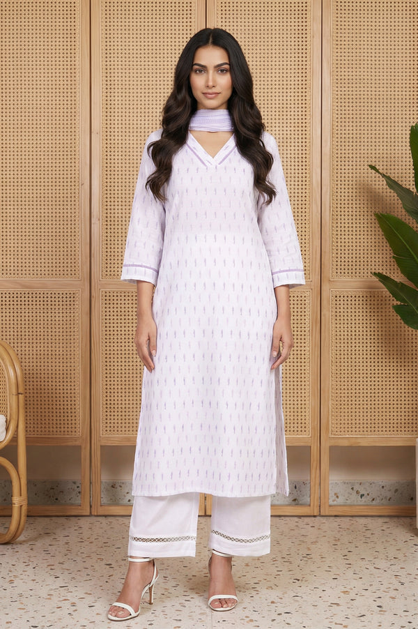 White Abstract Printed Cotton Straight Kurta with Palazzo and Dupatta Set