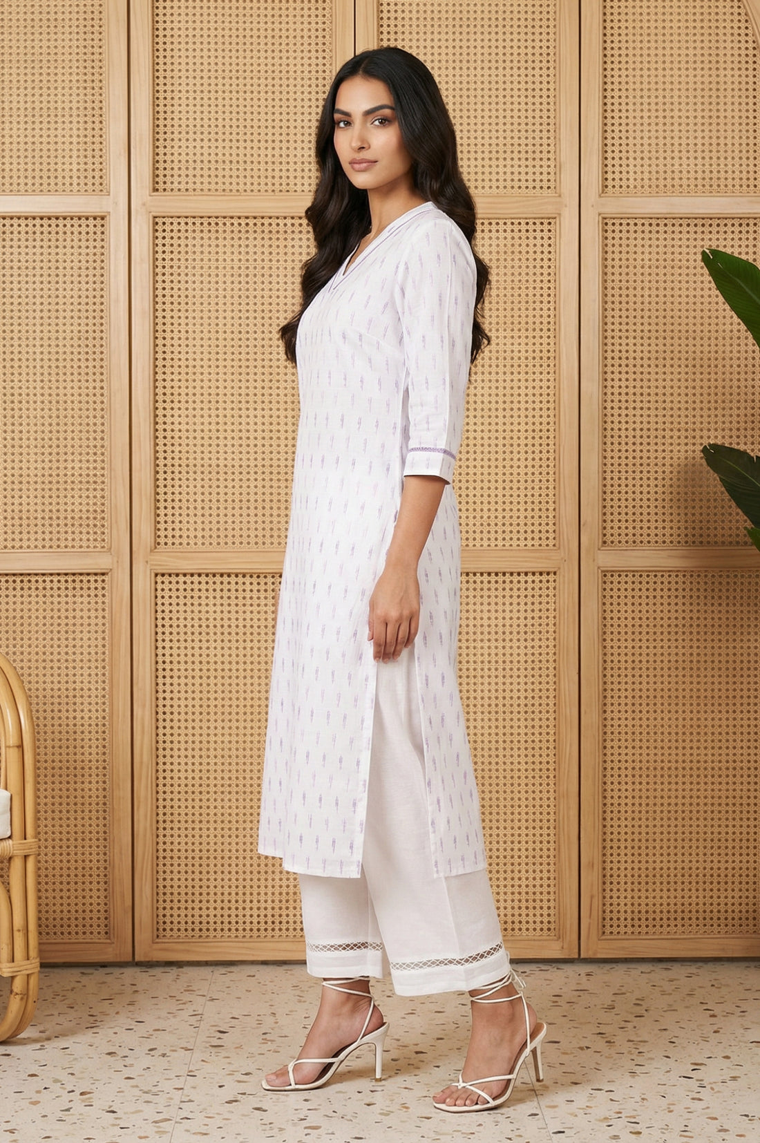 White Abstract Printed Cotton Straight Kurta with Palazzo and Dupatta Set