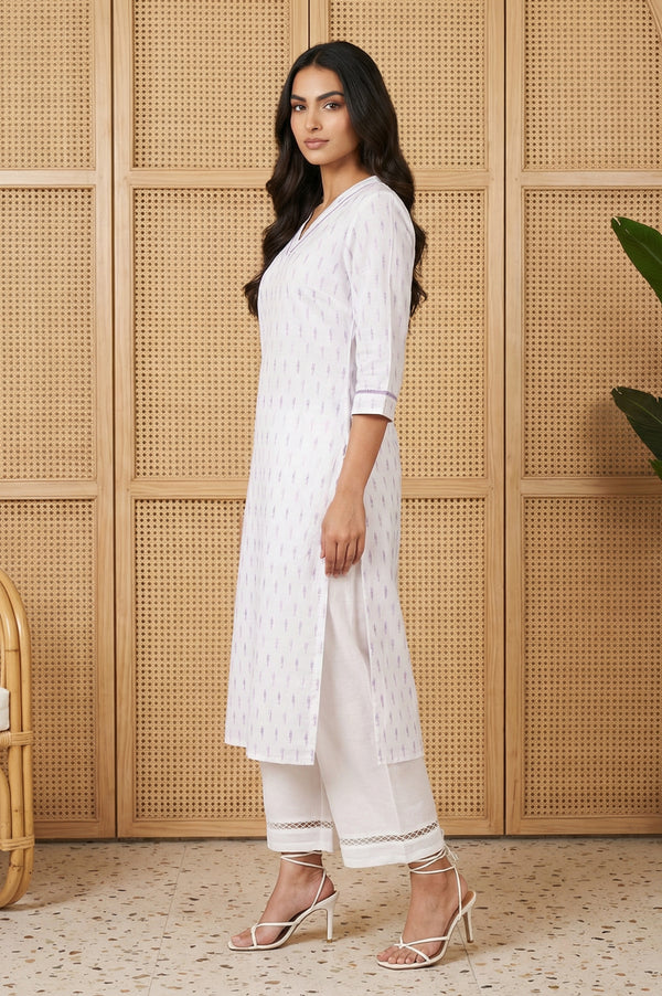 White Abstract Printed Cotton Straight Kurta with Palazzo and Dupatta Set