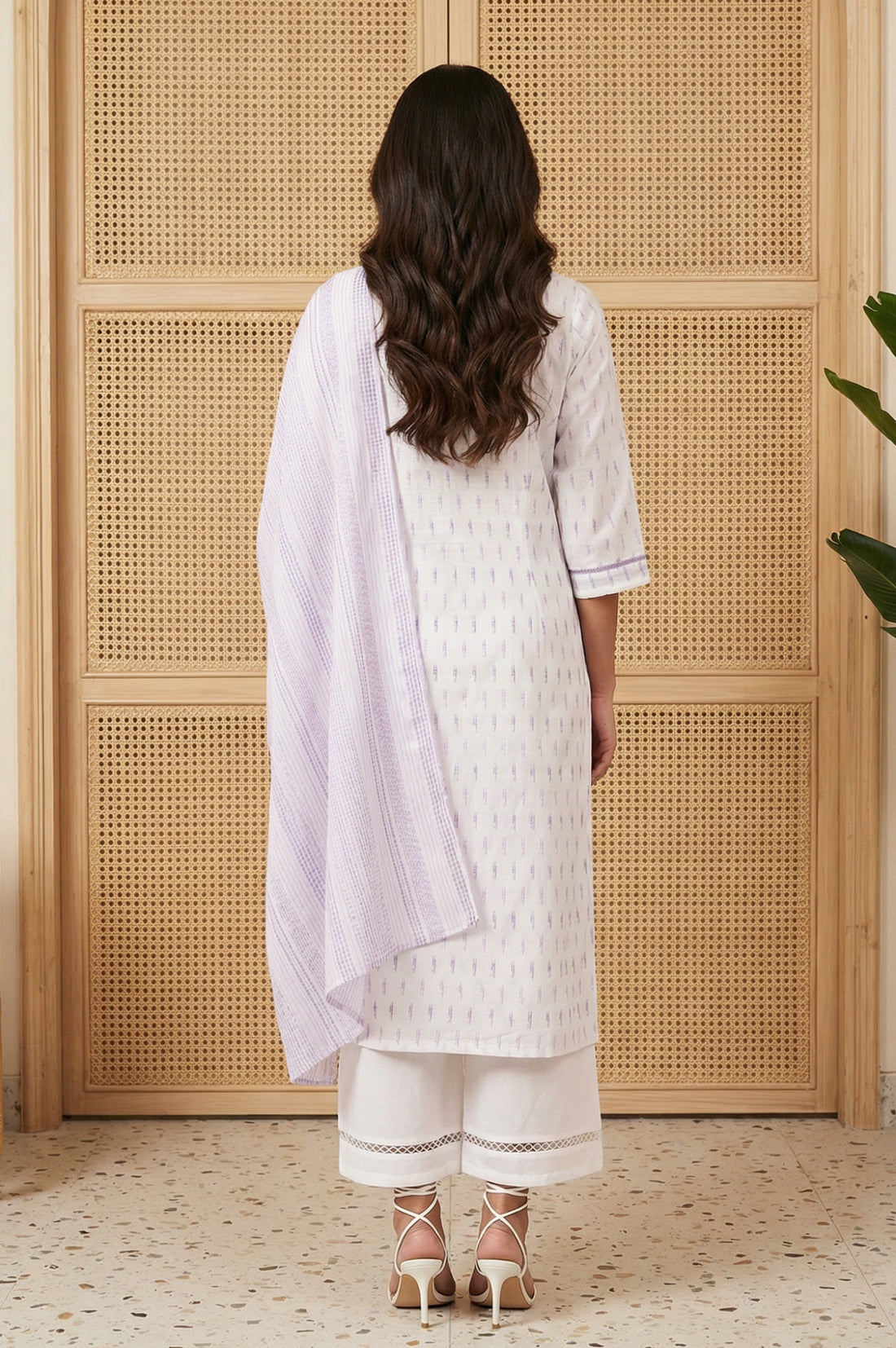 White Abstract Printed Cotton Straight Kurta with Palazzo and Dupatta Set