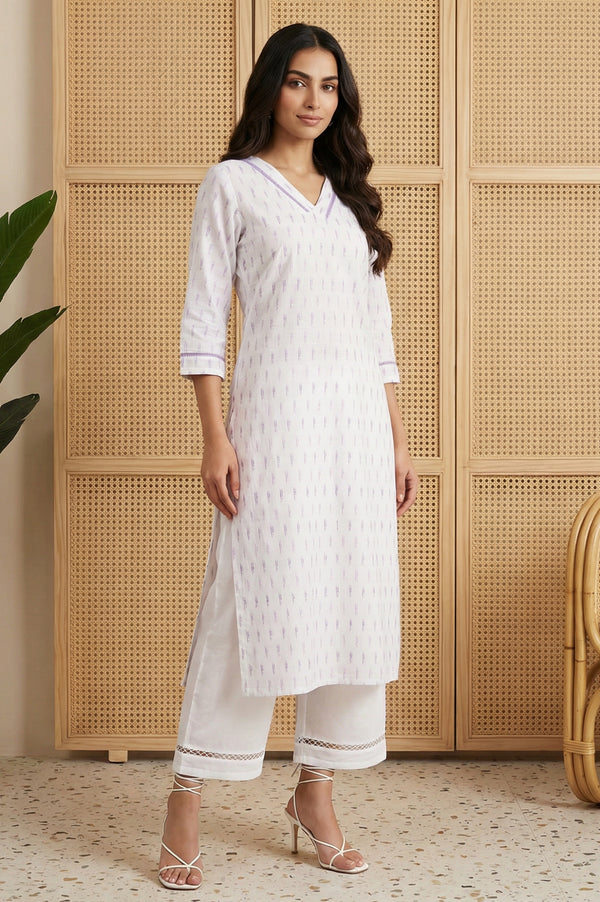 White Abstract Printed Cotton Straight Kurta with Palazzo and Dupatta Set