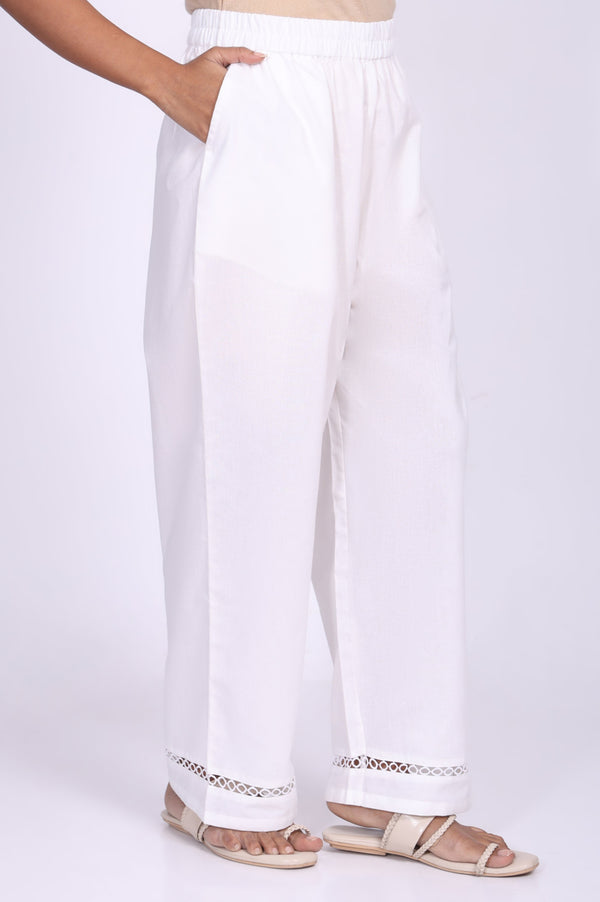 White Abstract Printed Cotton Straight Kurta with Palazzo and Dupatta Set