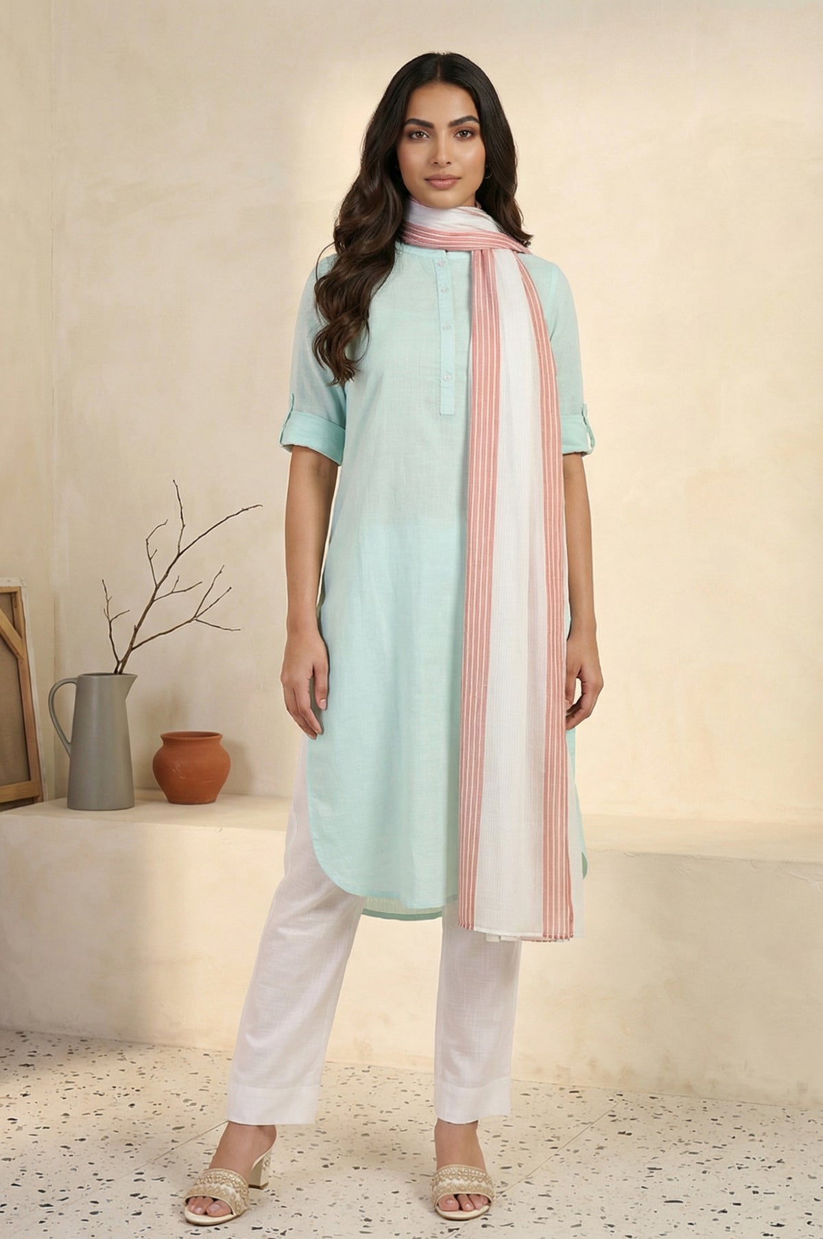 Mint Green Solid Cotton Blend Straight Kurta with Trouser and Dupatta Set - XS
