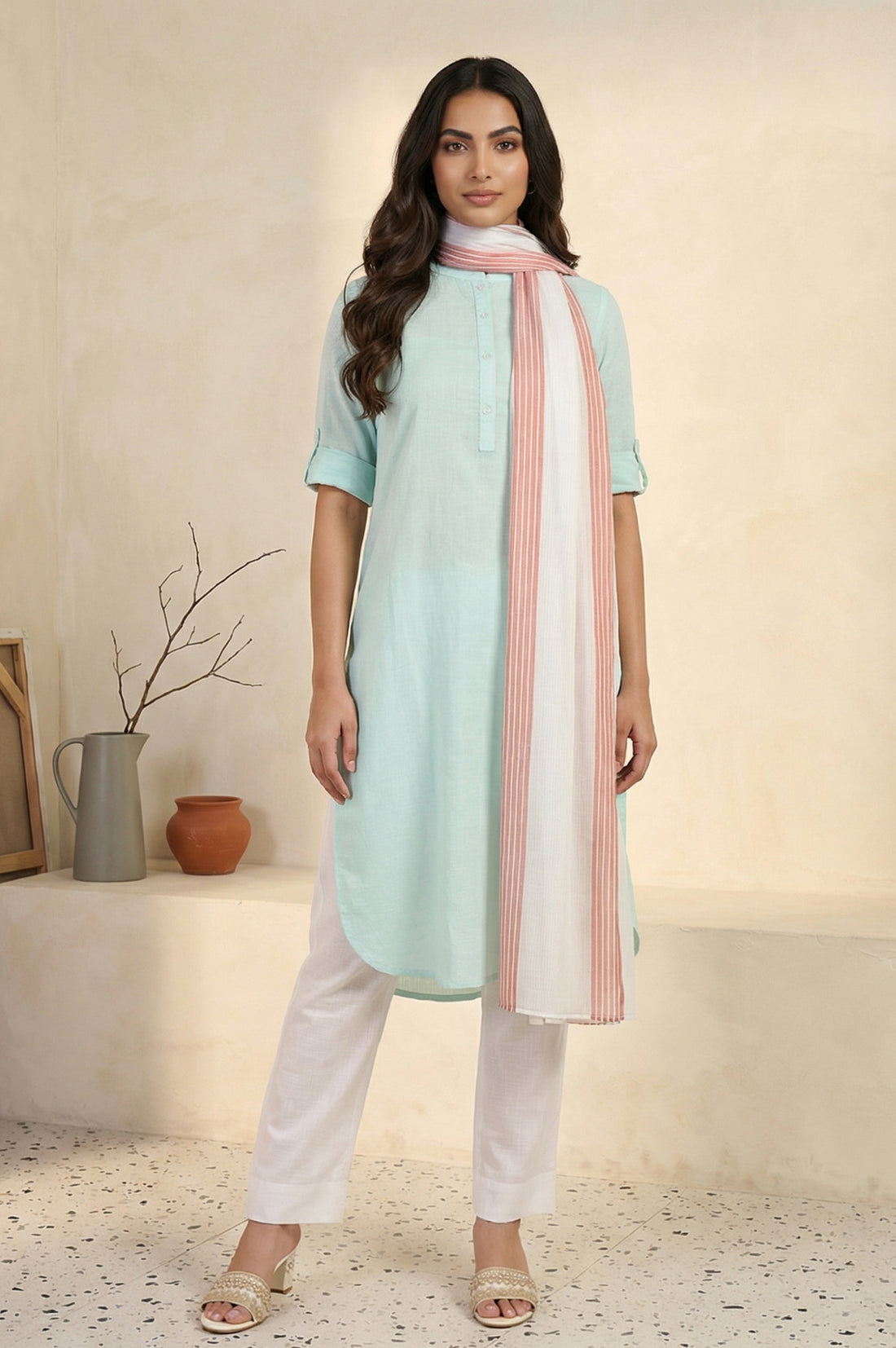 Mint Green Solid Cotton Blend Straight Kurta with Trouser and Dupatta Set