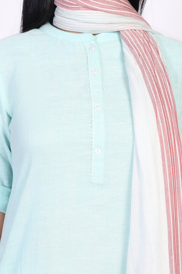 Mint Green Solid Cotton Blend Straight Kurta with Trouser and Dupatta Set