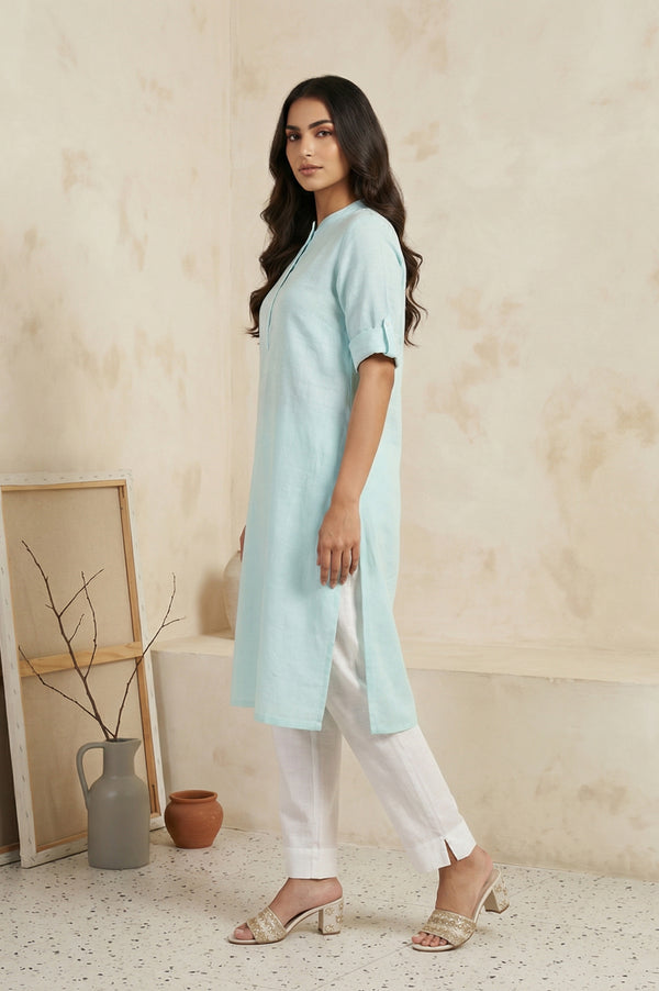 Mint Green Solid Cotton Blend Straight Kurta with Trouser and Dupatta Set