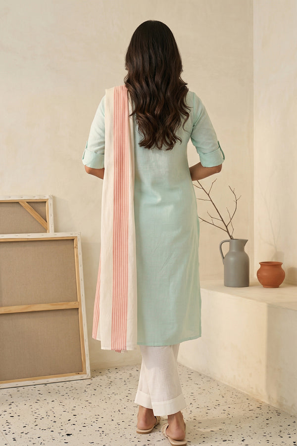 Mint Green Solid Cotton Blend Straight Kurta with Trouser and Dupatta Set