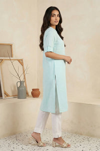 Mint Green Solid Cotton Blend Straight Kurta with Trouser and Dupatta Set