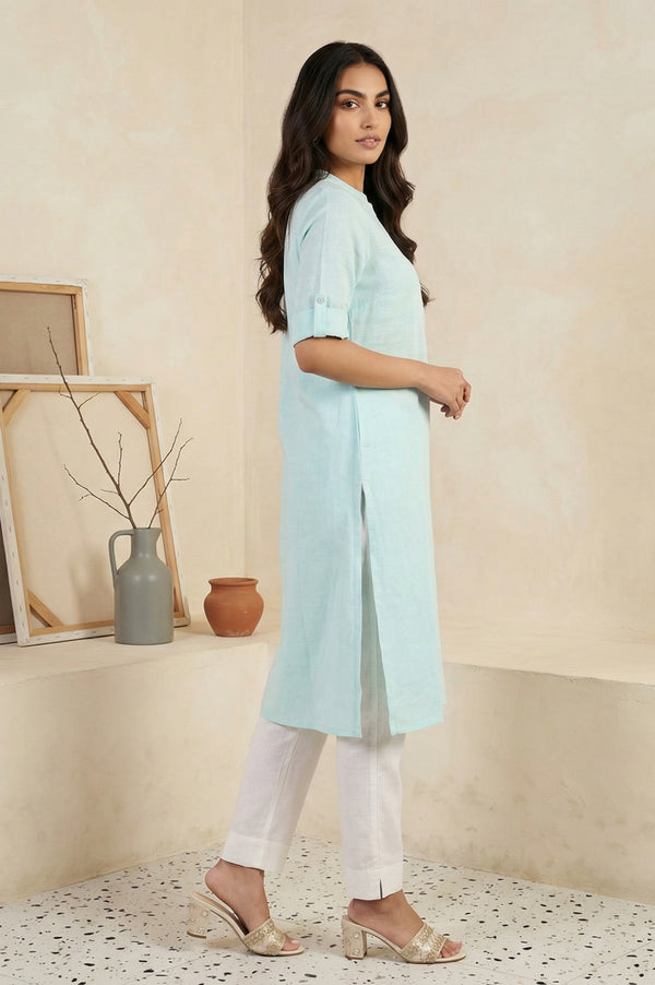 Mint Green Solid Cotton Blend Straight Kurta with Trouser and Dupatta Set