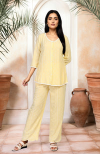 Yellow Embroidered A-Line Crepe Top with Palazzo Set
