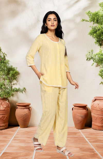 Yellow Embroidered A-Line Crepe Top with Palazzo Set