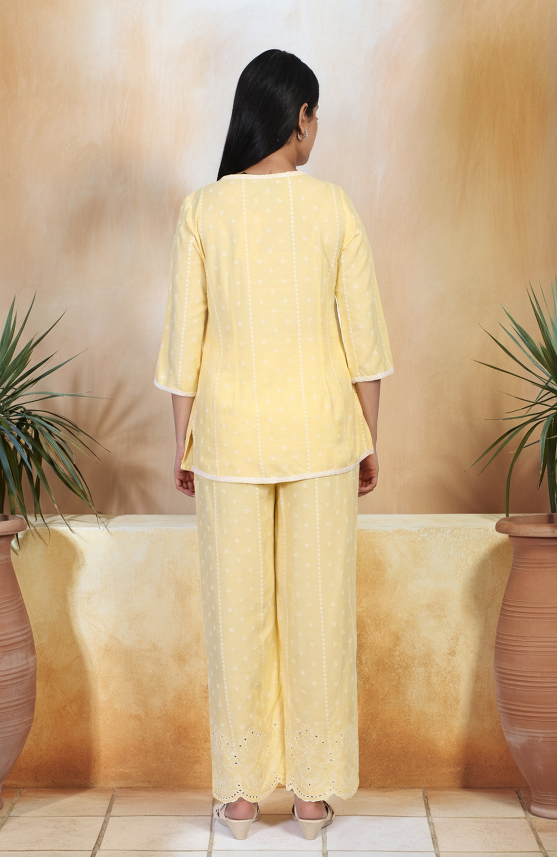 Yellow Embroidered A-Line Crepe Top with Palazzo Set