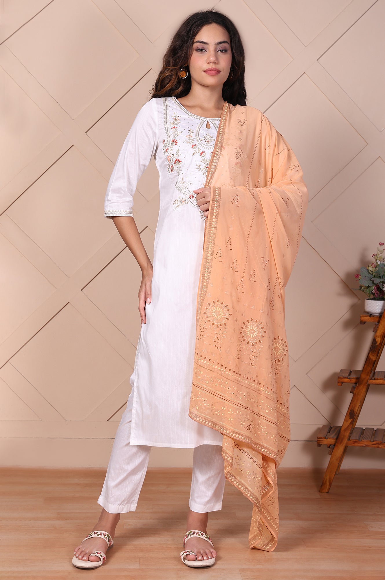 White Embroidered Straight Kurta with Trouser and Dupatta Set