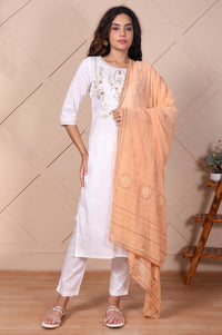 White Embroidered Straight Kurta with Trouser and Dupatta Set